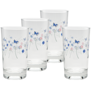 The Retired Breezy Floral 7 oz. Juice Glass Set of 4 by Moderne Glass features clear glassware with blue butterflies and soft wildflowers, beautifully arranged in two rows against a white background.