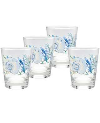 A set of four Moderne Glass Retired Coastal Shores 15 oz. Tapered Double Old Fashion glasses, each with blue and white seashell and seaweed designs, are arranged in two rows on a plain white background.