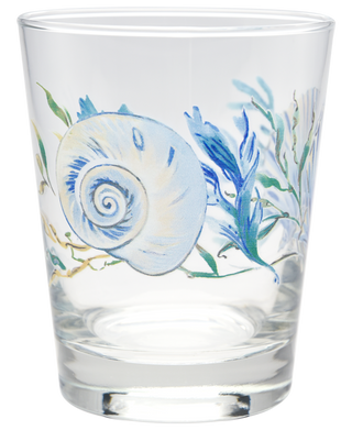 The Retired Coastal Shores 15 oz. Tapered Double Old Fashion Glass Set of 4 by Moderne Glass features blue and white seashell and seaweed designs, perfect for adding Coastal Blues charm to your table and complementing your dinnerware.