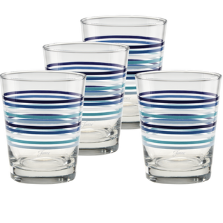 A set of four Fiesta Coastal Blues Thin Stripe 15 oz. Tapered Double Old Fashion glasses by Moderne Glass, featuring blue and aqua stripes, is displayed together. Part of the Fiesta Dinnerware collection and made in the USA.