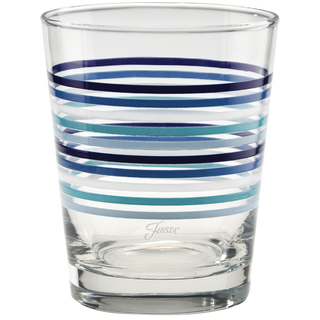 The Moderne Glass Fiesta Coastal Blues Thin Stripe 15 oz. Tapered Double Old Fashion set of 4 features blue-striped glasses, part of Fiesta Dinnerware and proudly made in the USA. Shown on a white background.