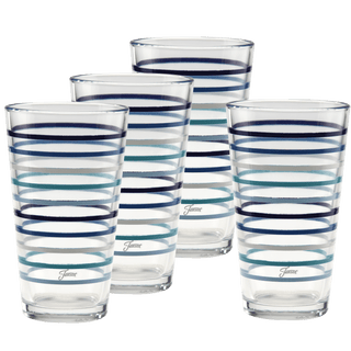 The set of four 16 oz. Fiesta Coastal Blues Thin Stripe Cooler Glasses by Moderne Glass features horizontal blue and teal stripes, displayed in rows against a plain white background.