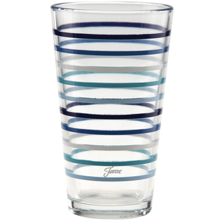 The Moderne Glass 16 oz. Fiesta Coastal Blues Thin Stripe Cooler Glass, sold as a set of 4, features clear glass with alternating blue, teal, and navy stripes and is shown empty against a plain white background.