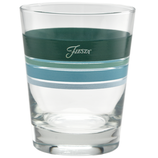 A set of four 15 oz. Edgeline Tapered Double Old Fashion glasses with clear liquid, from Moderne Glass's Mixed Aegean collection, made in the USA.