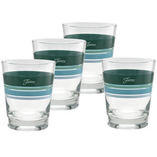 A set of four Moderne Glass Mixed Aegean 15 oz. Edgeline Tapered Double Old Fashion glasses, featuring green and light blue stripes, is arranged in two rows against a plain white background.