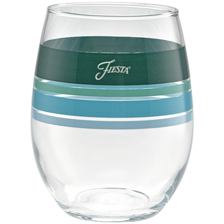 The Mixed Aegean 15 oz. Edgeline Stemless Wine set by Moderne Glass includes four clear glasses with green and blue stripes near the top and "Fiesta" in white print.