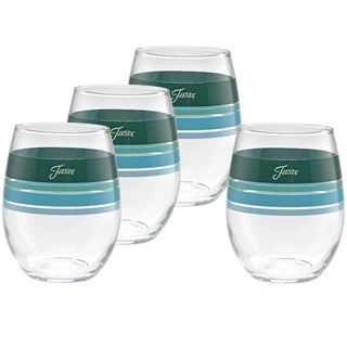 The Moderne Glass Mixed Aegean 15 oz. Edgeline Stemless Wine – Set of 4 features four clear glasses with blue and teal stripes and “Fiesta” on the upper stripe. Made in the USA, these glasses pair with Fiesta Dinnerware. Background is plain white.