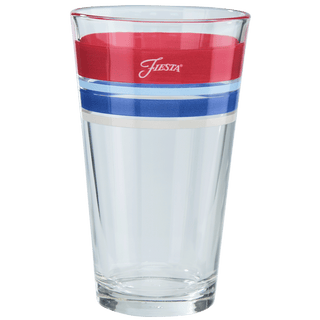 The Americana 16 oz. Edgeline Cooler Glass by Moderne Glass is a set of 4 clear tumblers with red, blue, and white stripes near the rim and "Fiesta" on the red band, proudly made in the USA.