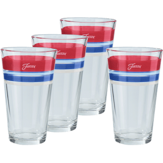 Set of 4 Moderne Glass Americana 16 oz. Edgeline Cooler Glasses, each with red and blue horizontal stripes and “Fiesta” on the red stripe near the rim. Part of the iconic Fiesta Dinnerware collection, made in the USA.