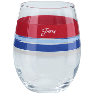 The Americana 15 oz. Edgeline Stemless Wine glass by Moderne Glass is made in the USA, features red, blue, and gray stripes near the top with “Fiesta” in white on the red—available as a set of 4.