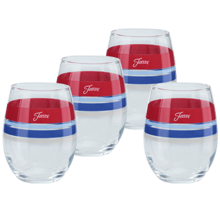 A set of four Moderne Glass Americana 15 oz. Edgeline stemless wine glasses, featuring red and blue bands, is shown on a white background. These vibrant pieces are proudly made in the USA.