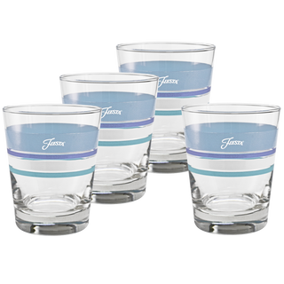 A set of four 15 oz Coastal Blues Edgeline Tapered Double Old Fashion glasses by Moderne Glass, featuring blue and white horizontal stripes near the rim and "Fiesta" in white script, arranged in two rows.