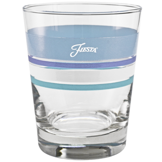 The Moderne Glass Coastal Blues 15 oz. Edgeline Tapered Double Old Fashion Set of 4 features clear glasses with blue, white, and purple stripes near the top and "Fiesta" on the blue stripe—ideal for your Fiesta Dinnerware collection.