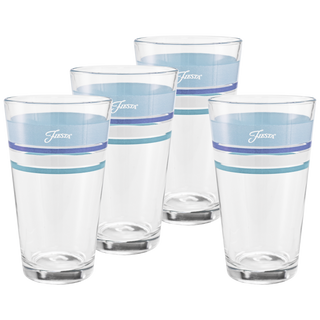 Set of four 16 oz. Fiesta® Edgeline Coastal Blue Cooler Glasses by Moderne Glass, featuring blue stripes and "Fiesta" in white. Made in the USA and designed to complement Fiesta Dinnerware.