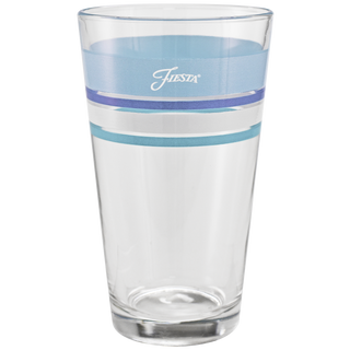 The 16 oz. Fiesta® Edgeline Coastal Blue Cooler Glass set by Moderne Glass features blue and white stripes near the top with "Fiesta" in white on the blue band. Made in the USA, this set of four complements your Fiesta Dinnerware. Shown on a plain white background.