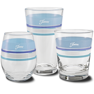 Set of four 16 oz. Fiesta® Edgeline Coastal Blue Cooler Glasses by Moderne Glass, featuring wide blue and turquoise bands with “Fiesta” in white. Proudly made in the USA.