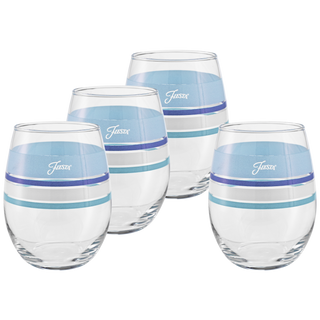 Set of four Moderne Glass Coastal Blues 15 oz. Edgeline stemless wine glasses with blue and aqua stripes and “Fiesta” lettering, arranged in a cluster on white. Made in the USA.