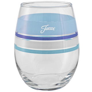 The Coastal Blues 15 oz. Edgeline Stemless Wine Glasses by Moderne Glass are made in the USA and feature blue, white, and purple stripes with "Fiesta" in white—perfectly pairing with your Fiesta Dinnerware collection. Set of 4.