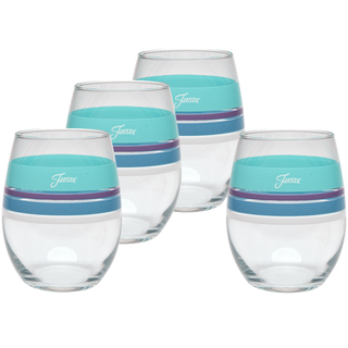 Set of four 15 oz. Fiesta® Edgeline Stemless Wine Glasses by Moderne Glass, featuring turquoise and navy blue bands with the Fiesta logo in white. Made in USA, Coastal set is retired and displayed on a white background.