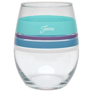 The Retired 15 oz. Fiesta® Edgeline Stemless Wine Coastal Glass Set by Moderne Glass features clear, made-in-USA glasses with turquoise "Fiesta," blue, and purple bands near the top. Part of the Fiesta Dinnerware collection. Set of 4.