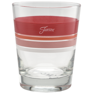 The Moderne Glass Sunset Horizon Edgeline Tapered Double Old Fashion Glass Mixed – Set of 4 features red, pink, and white horizontal stripes near the top with "Fiesta" in white script. Made in the USA.