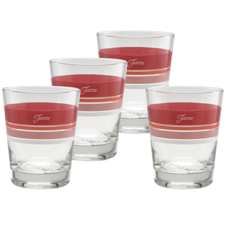 Set of 4 Moderne Glass Sunset Horizon Edgeline Tapered Double Old Fashion glasses with red and pink stripes near the top, each with a white Fiesta logo, arranged in a staggered group on white. Made in the USA.