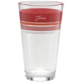 The Moderne Glass Horizon Sunset 16 oz. Edgeline Cooler Glass Mixed Set of 4 features clear glasses with two horizontal red and pink stripes near the rim and "Fiesta" in white on the upper stripe, all proudly made in the USA.