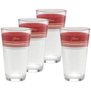 Set of four Moderne Glass Horizon Sunset 16 oz. Edgeline Cooler Glasses, each with a thick red band, thin white stripe near the rim, and "Fiesta" on the band. Made in the USA for quality and style.