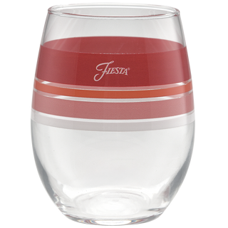 The Sunset Horizon 15 oz. Edgeline Stemless Wine Glass Mixed Set of 4 by Moderne Glass features a clear glass with a wide red band, thin pink and white stripes, and "Fiesta" in white script. Matches classic Fiesta Dinnerware style. Made in USA.