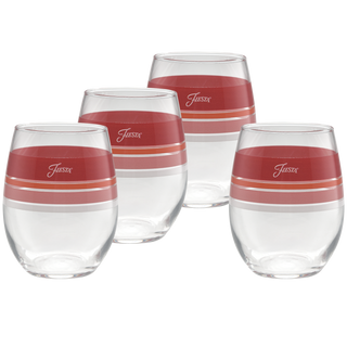 A set of four Moderne Glass Sunset Horizon 15 oz. Edgeline stemless wine glasses, featuring wide red and white stripes around the rim with "Fiesta" on the red stripe, is arranged together on a white background.