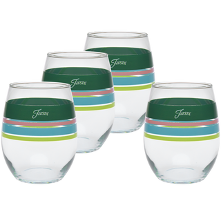 Set of four 15 oz. Moderne Glass Fiesta® Edgeline Stemless Wine glasses, each with green, blue, pink, or light green stripes near the rim and "Fiesta" printed in white; made in the USA.