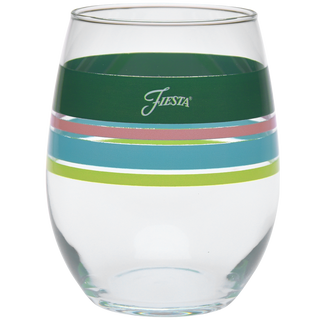 The Retired 15 oz. Fiesta® Edgeline Stemless Wine Tropical set of 4 by Moderne Glass features clear glasses with green, blue, pink, and yellow stripes and "Fiesta" in white on the upper stripe. Proudly made in the USA.