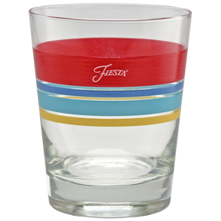 The Moderne Glass Vibrant 15 oz. Edgeline Tapered Double Old Fashion set includes four clear glasses with red, blue, and yellow horizontal stripes and "Fiesta" in white on the red stripe. Made in the USA.