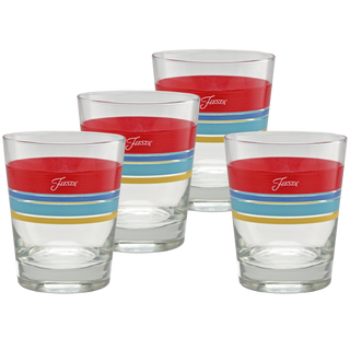 A set of four Moderne Glass Vibrant 15 oz. Edgeline Tapered Double Old Fashion glasses features red, blue, and yellow stripes. Each glass is arranged in a staggered group on white, part of the eye-catching Fiesta Dinnerware collection.