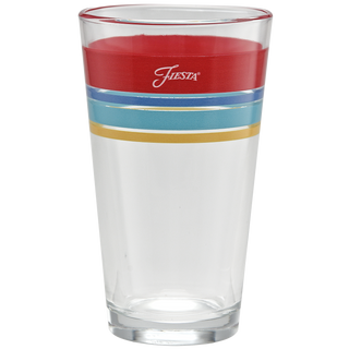 A Moderne Glass Vibrant 16 oz. Edgeline Cooler, from a set of 4, features red, blue, and yellow stripes near the rim with "Fiesta" on the red stripe. Shown empty against a white background.