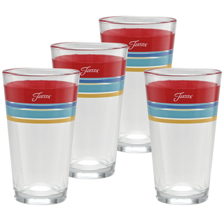 Set of four Moderne Glass Vibrant 16 oz. Edgeline Cooler Glasses, each with red, blue, and yellow stripes near the top and "Fiesta" in white on the red stripe—ideal for festive gatherings. Made in the USA.