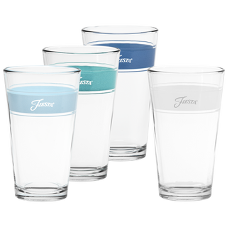 Set of four Coastal Blues 16 oz. Frame Coolers by Moderne Glass, each with "Fiesta" and a colored band—two blue, one teal, one white—near the rim. Made in the USA; shown on a white background.
