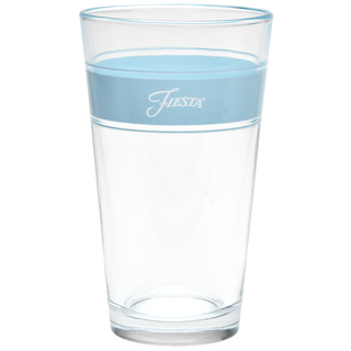 The Moderne Glass Coastal Blues 16 oz. Frame Cooler set features four clear tumblers with light blue bands near the rim and "Fiesta" in white script, designed to complement Fiesta Dinnerware. Proudly made in the USA.