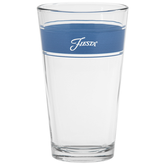 The Moderne Glass Coastal Blues 16 oz. Frame Cooler Mixed Color set includes four clear glasses with a blue band near the rim, "Fiesta" in white script, and two thin white stripes above and below the band—part of the Fiesta Dinnerware collection.