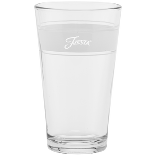 A set of four Coastal Blues 16 oz. Frame Cooler glasses by Moderne Glass, featuring mixed colors and a frosted band near the rim—a stylish choice for serving drinks.