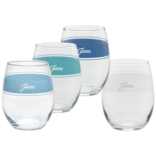 The Moderne Glass Coastal Blues 15 oz. Frame Stemless Wine Set includes four glasses with light blue, teal, blue, and clear bands, each printed with "Fiesta," arranged together on a white background.