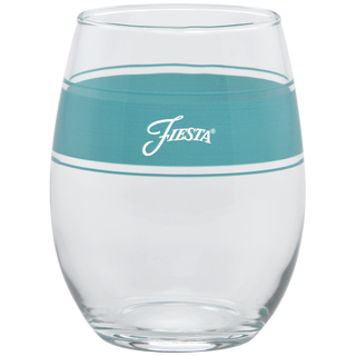 The Moderne Glass Coastal Blues 15 oz. Frame Stemless Wine Mixed Color Set of 4 features clear glasses with turquoise bands and "Fiesta" in white script, bordered by thin white lines—part of the iconic Fiesta Dinnerware collection.