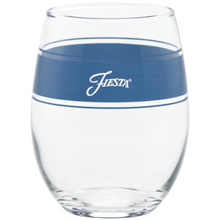 A set of 4 Moderne Glass Coastal Blues 15 oz. stemless wine glasses, each with a thick blue band near the rim, "Fiesta" in white script, two thin white lines bordering the band, and made in the USA.