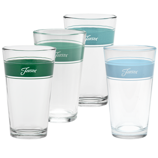 The Moderne Glass Aegean 16 oz. Frame Cooler Mixed Color Set of 4 features clear glasses with colored bands—two green, two light blue—arranged in a row and made in the USA.