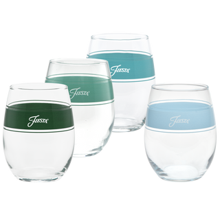 The Moderne Glass Aegean 15 oz. Frame Stemless Wine Glass Set includes 4 glasses, each with a unique colored band (dark green, teal, blue, light blue) and the word "Fiesta" printed on it. Made in the USA and shown on a white background.