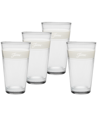 The Moderne Glass Linen 16 oz. Frame Cooler Glass Set includes four glasses with frosted white bands and “Fiesta” print, arranged in a staggered formation—a stylish addition to any Fiesta Dinnerware collection.