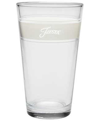 The Moderne Glass Linen 16 oz. Frame Cooler Glass Set of 4 features clear glass with a thick base and beige band near the rim, making it an ideal match for your Fiesta Dinnerware collection.