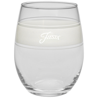 The Linen 15 oz. Frame Stemless Glass – Set of 4 by Moderne Glass features a wide frosted white band and "Fiesta" script, part of the iconic Fiesta Dinnerware collection. Shown empty against a plain white background.