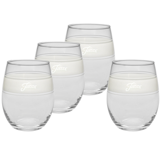 The Moderne Glass Linen 15 oz. Frame Stemless Glass Set includes four clear glasses, each with a thick frosted white band near the rim and "Fiesta" etched on it. Part of the Fiesta Dinnerware collection, made in the USA.