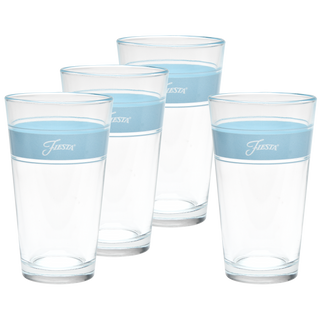 Set of four 16 oz. Fiesta® Frame Cooler Sky glasses by Moderne Glass, each featuring a light blue band with "Fiesta" near the top, are displayed against a white background, highlighting classic style.